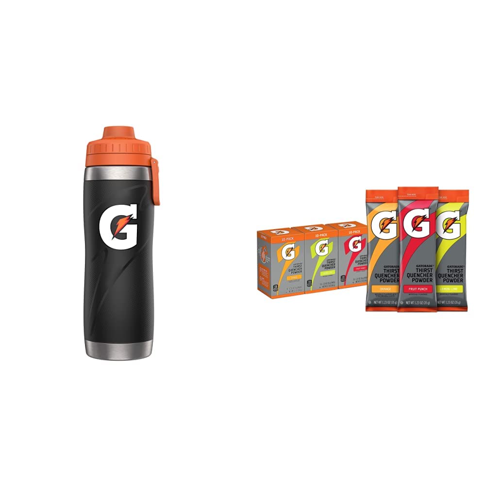 Gatorade 26oz Stainless Steel Bottle Black+Gatorade Thirst Quencher Powder Sticks, 3 Flavor Variety Pack, (30 Pack)