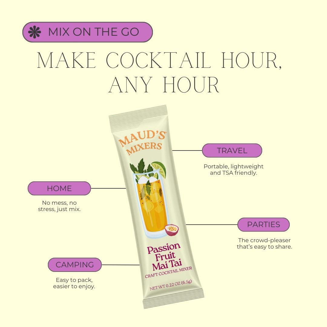 Maud's Mixers Passion Fruit Mai Tai Cocktail Mix, 14 ct, Mocktail Non-Alcoholic Drinks - Made with Real Fruit and Agave - Low Calorie, Low Sugar, Easy to Mix