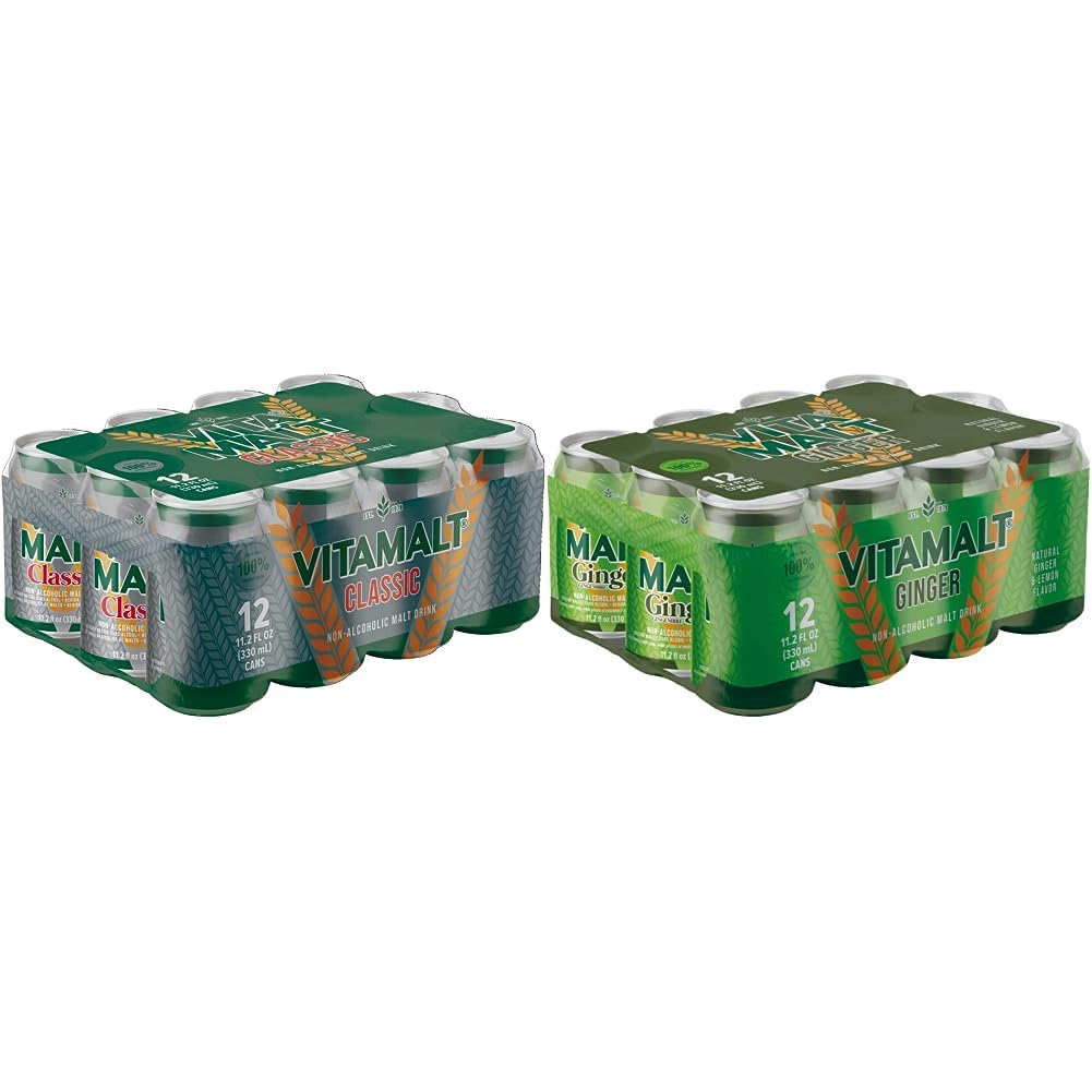 Vitamalt Classic, Non-Alcoholic Malt Drink, 11.2 Oz Can (Pack of 12) + Vitamalt Ginger, Non-Alcoholic Malt Drink, 11.2 Oz Can (Pack of 12)
