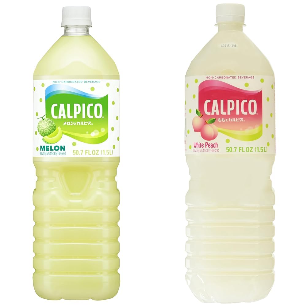 Calpico Japanese Beverage Bundle - Water Melon Flavor (50.7 FZ) and White Peach Soft Drink (50.7 fz), Pack of 2