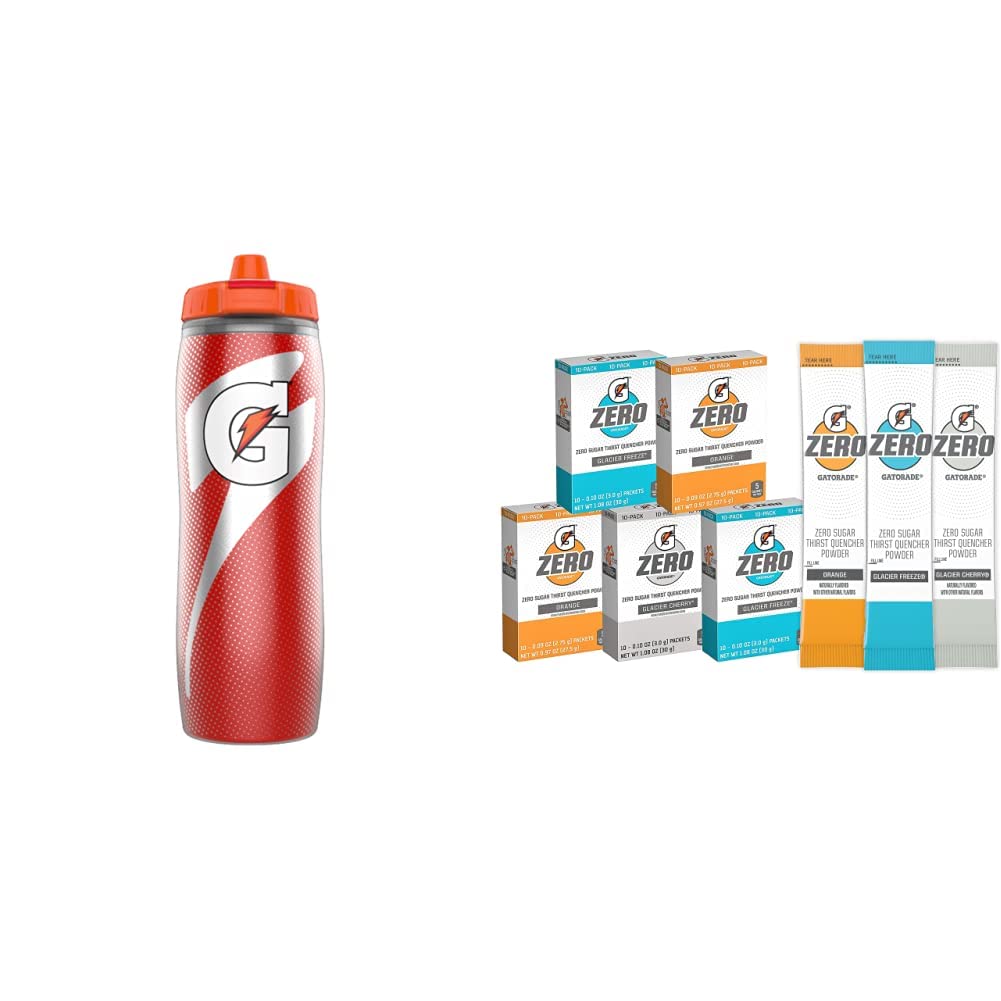 Gatorade Insulated Squeeze Bottle, Royal Blue, 30oz+Gatorade G Zero Powder, Glacier Cherry Variety Pack, 0.10oz Packets (50 Pack)