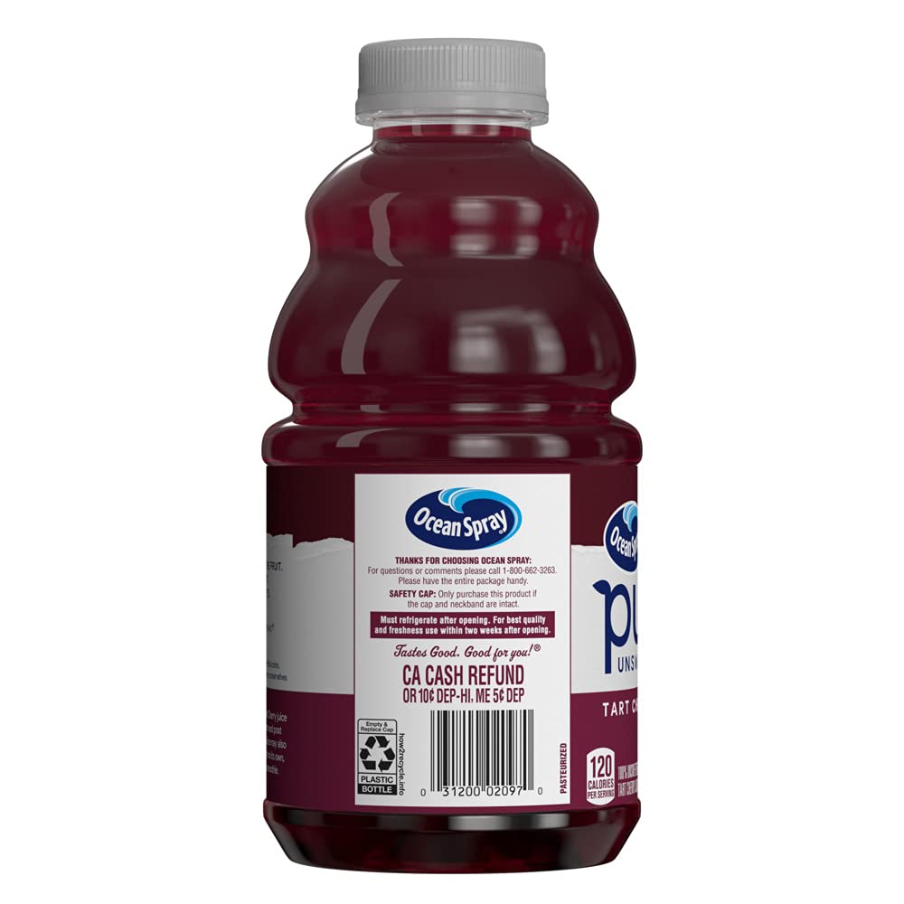Ocean Spray® Pure Unsweetened Tart Cherry, 100% Tart Cherry Juice, 32 Fl Oz Bottle (Pack of 8)