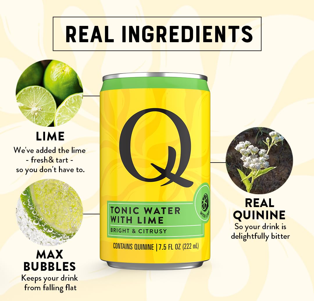 Q MIXERS TONIC WATER with LIME - Real Quinine & Lime Extract - Ideal for Cocktails & Mocktails - Made with Real Ingredients, Perfectly Carbonated & Lightly Sweet - 7.5 Fl oz (Pack of 24)