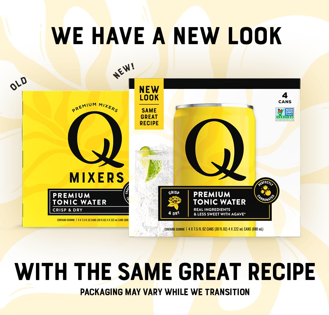 Q TONIC WATER with Real Quinine & Organic Agave - Ideal for Cocktails & Mocktails - Made with Real Ingredients, Perfectly Carbonated & Less Sweet - 45 Calories per Can - 7.5 Fl oz (Pack of 8)