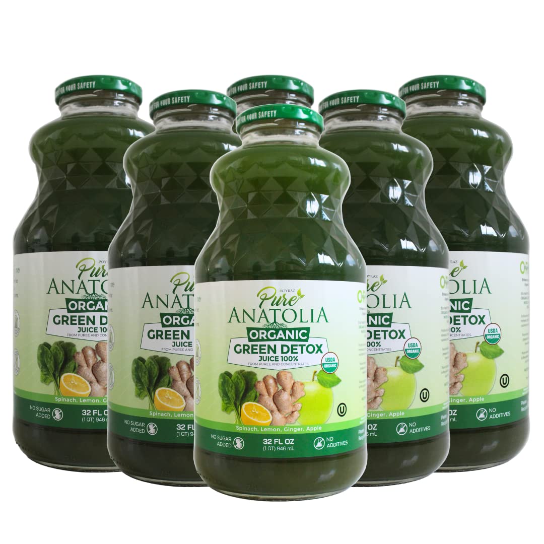 Organic Green Detox Juice by Pure Anatolia, Apple Spinach Lemon Ginger mix juice, USDA Organic Fruit and Vegetables Juice, Vegan, No added Sugar Pack of 6