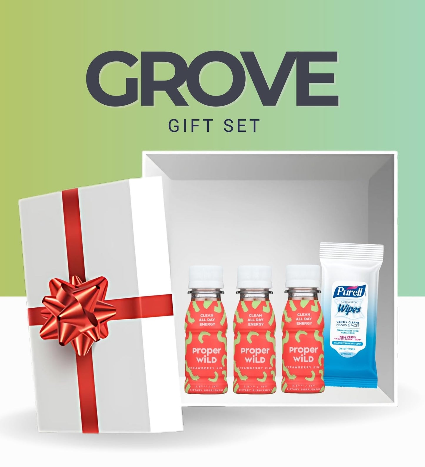 3x Proper Wild Shot Energy Strawberry Kiwi 2.5 FO Bundle with Hand Sanitizing Wipes – Clean Energy Shots with GreenTea Caffeine & L-Theanine for Focus and Endurance — Gift Set (4 Items)