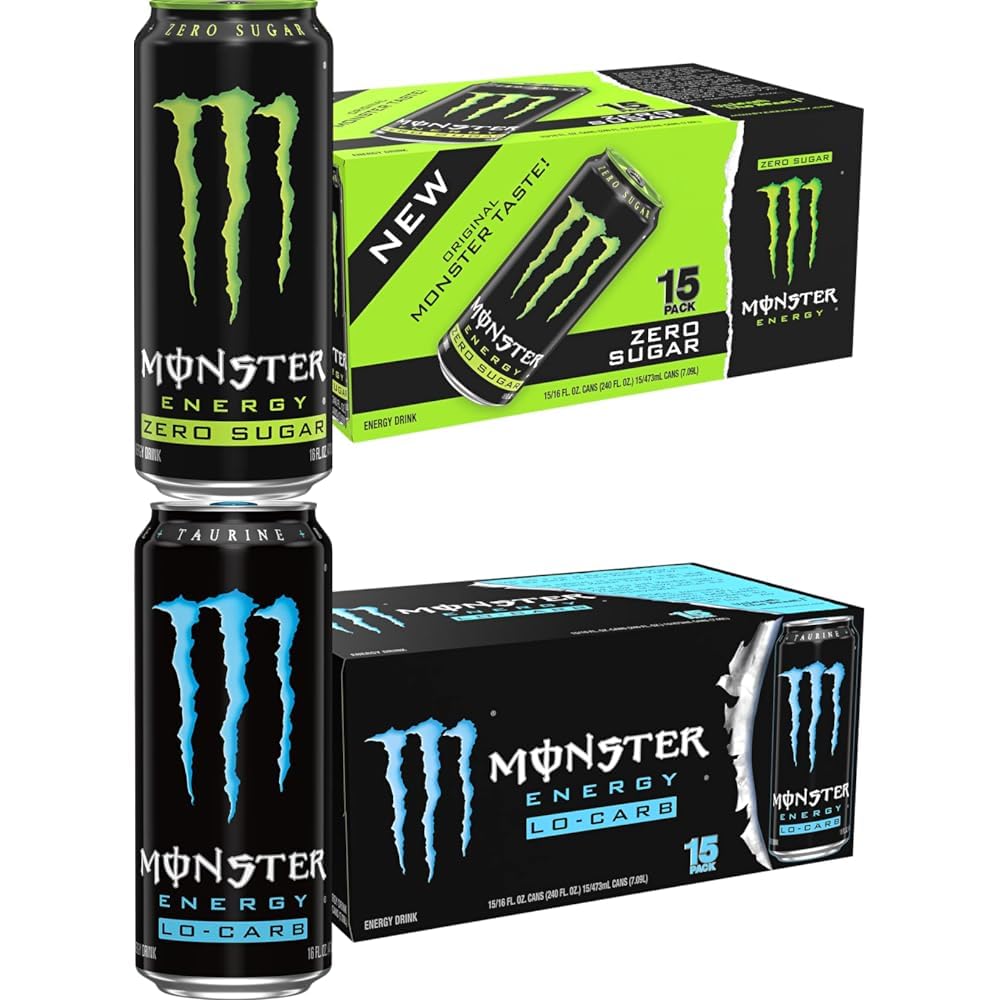 Monster Energy Zero Sugar, Green, Original, 16oz (Pack of 15) + Monster Energy, Lo-Carb Monster, 16oz (Pack of 15) | Monster Energy Bundle (Pack of 30)
