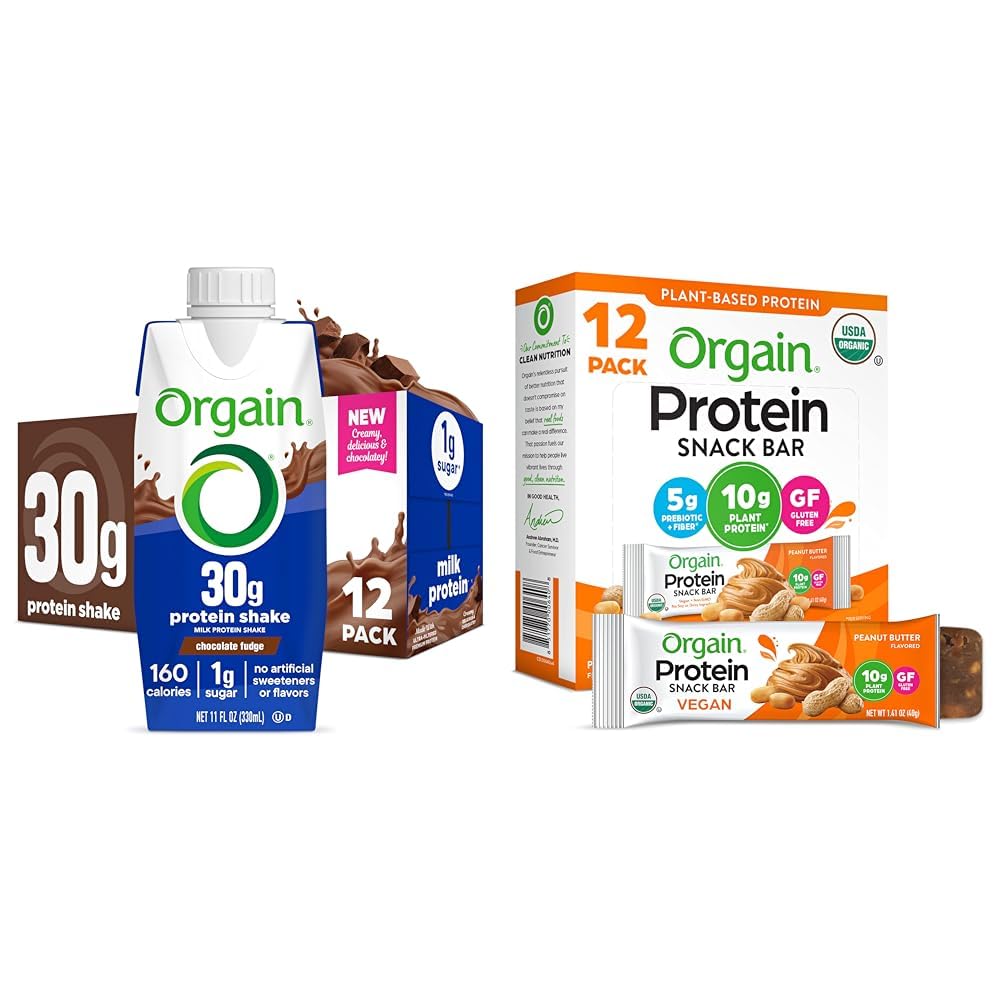 Orgain 30g High Protein Shake, Chocolate Fudge, 11 Fl Oz (Pack of 12) + Orgain Organic Vegan Protein Bars, Peanut Butter - 10g Plant Based Protein, 1.41 Oz (Pack of 12)