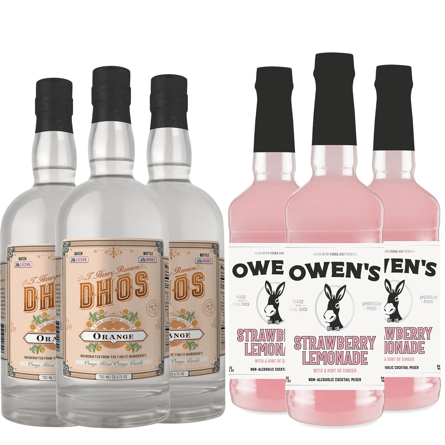Dhōs Handcrafted Non-Alcoholic Orange 3 Pack w 3 Pack Owen’s Mixers Strawberry Lemonade 32 OZ - Keto-Friendly, Zero Sugar, Zero Calories, Zero Proof - 750 ML - Perfect for Mocktails - Made in USA