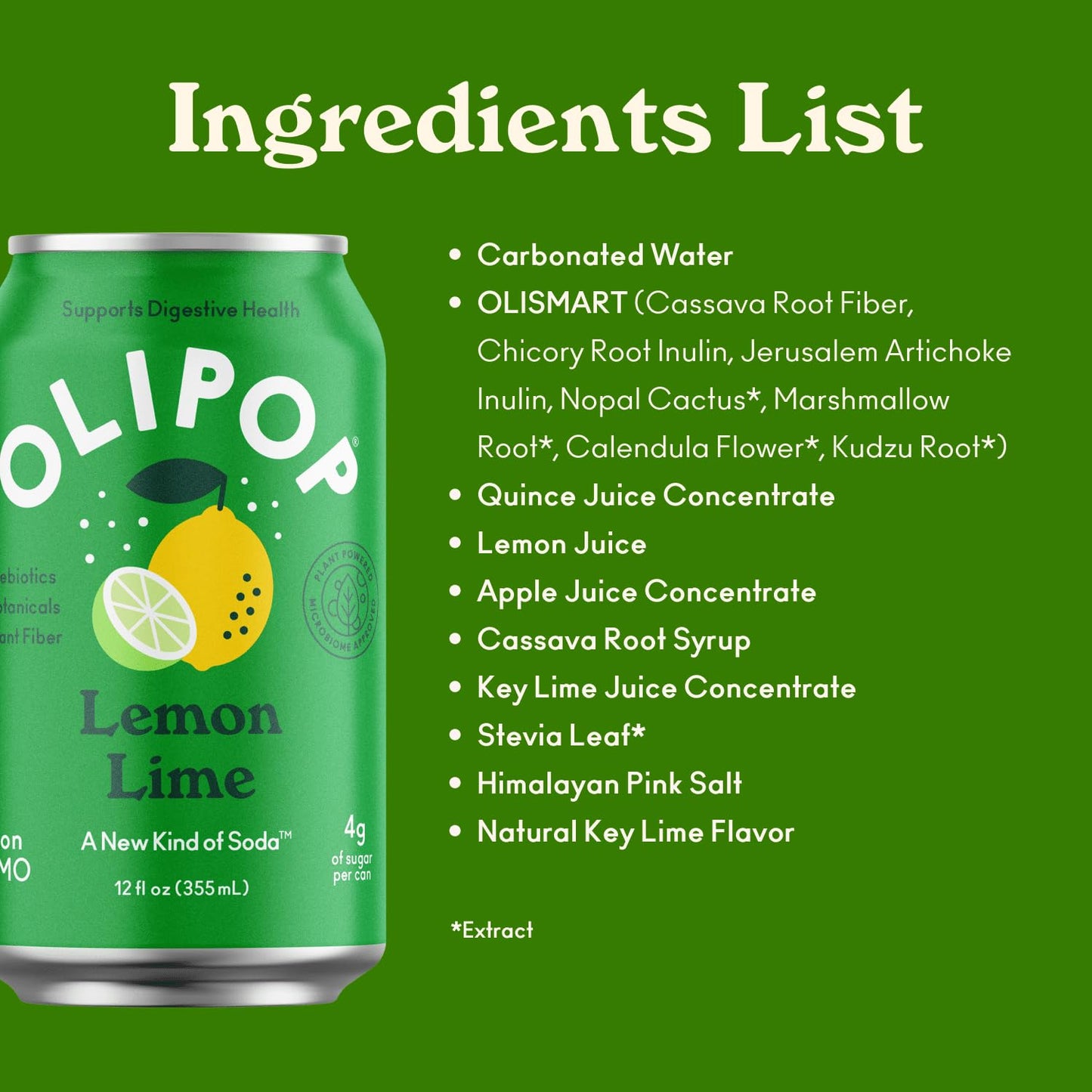 OLIPOP Prebiotic Soda Pop, Lemon Lime, Prebiotics, Botanicals, Plant Fiber, 12 fl oz