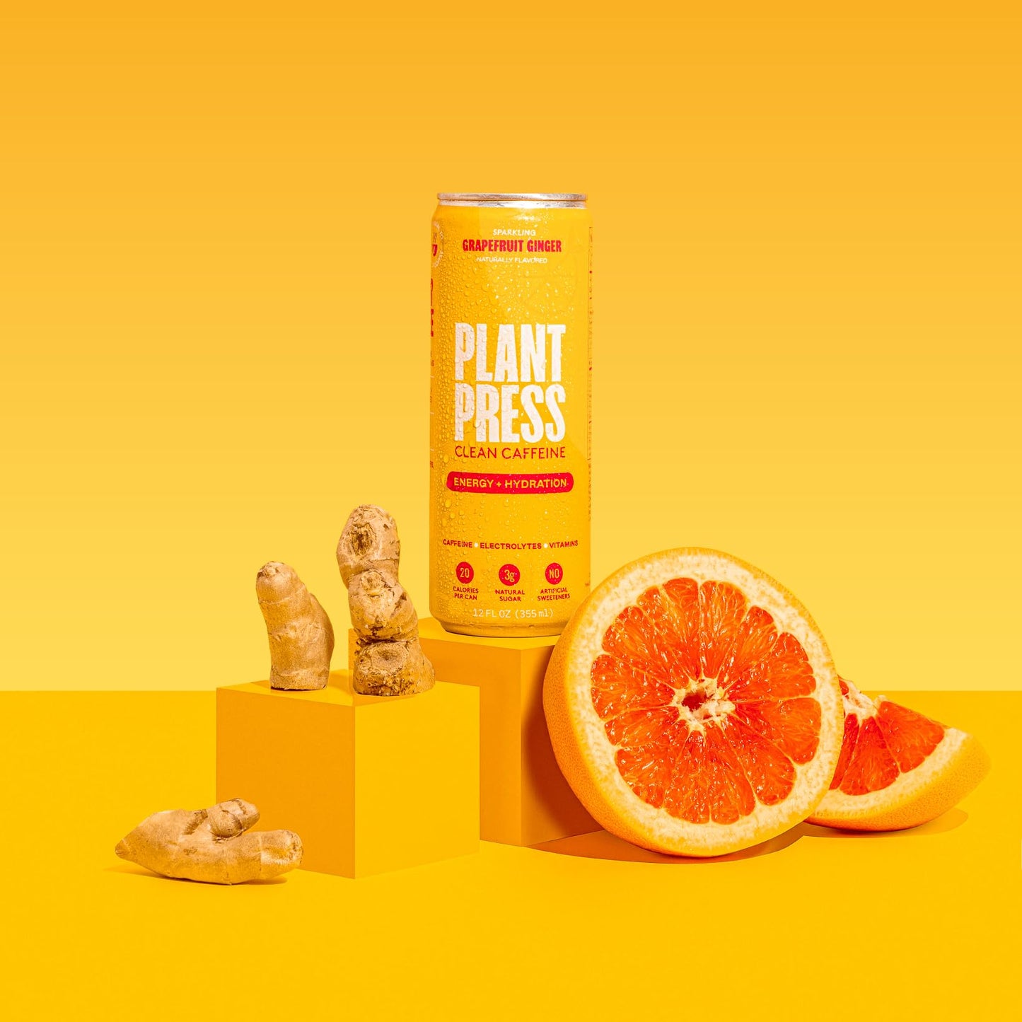 Plant Press - Organic Energy Drink, 100 mg Caffeine Clean Coffee Alternative, Full Range of Vitamins, Electrolytes, No Sugar Alcohols, No Preservatives - Grapefruit Ginger (12 Fl Oz, 12 Pk)