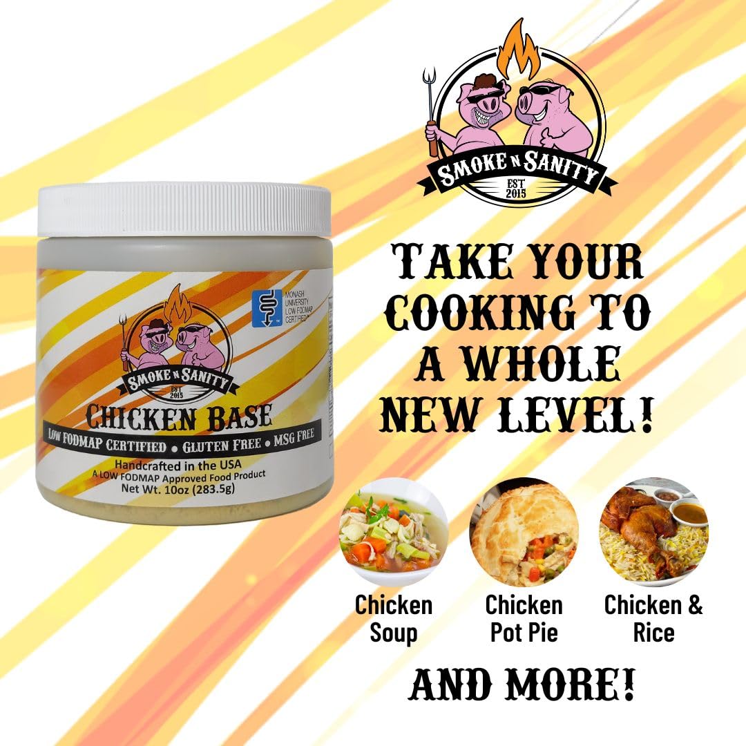 Smoke n Sanity Chicken Base - Certified Low FODMAP Seasoning - Gluten Free - Dairy Free Low FODMAP Chicken Broth (10.0 oz)