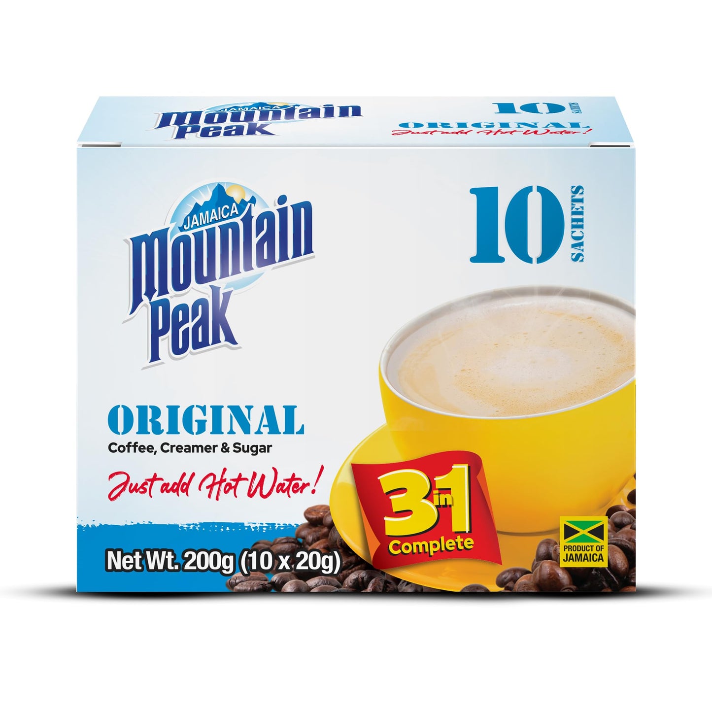 Jamaica Mountain Peak Original 3 in 1 Instant Coffee Mix, Coffee Creamer and Sugar (30 Sachets x 20g), Classic Smooth Flavor, Rich and Creamy, Just Add Water