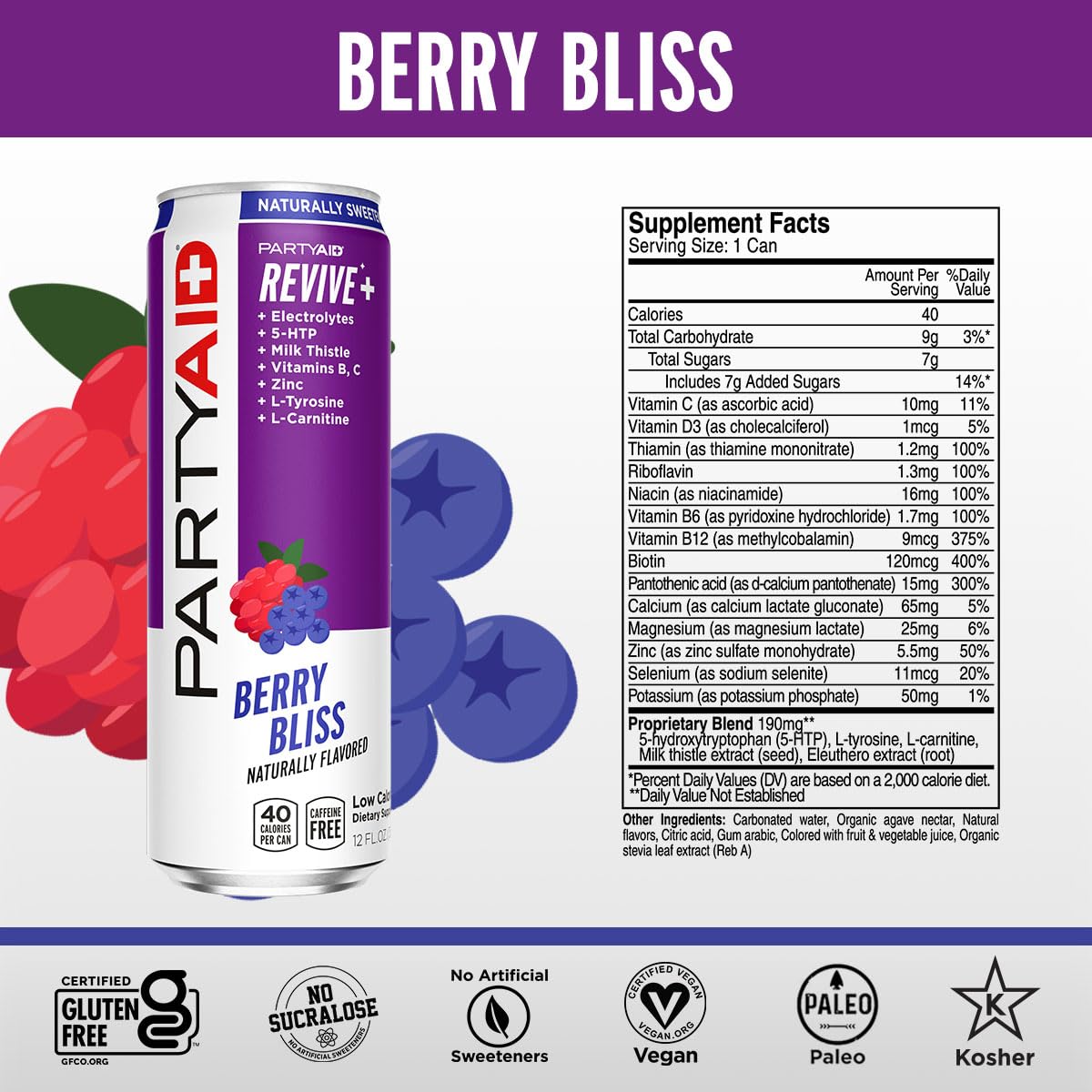 PARTYAID Rehab Blend, Feel Good Tonight and Tomorrow, Contains 5-HTP, B-Complex, Milk Thistle, Electrolytes, No Artificial Flavors or Sweeteners, Caffeine-Free, 12 Fl Oz (Pack of 4)