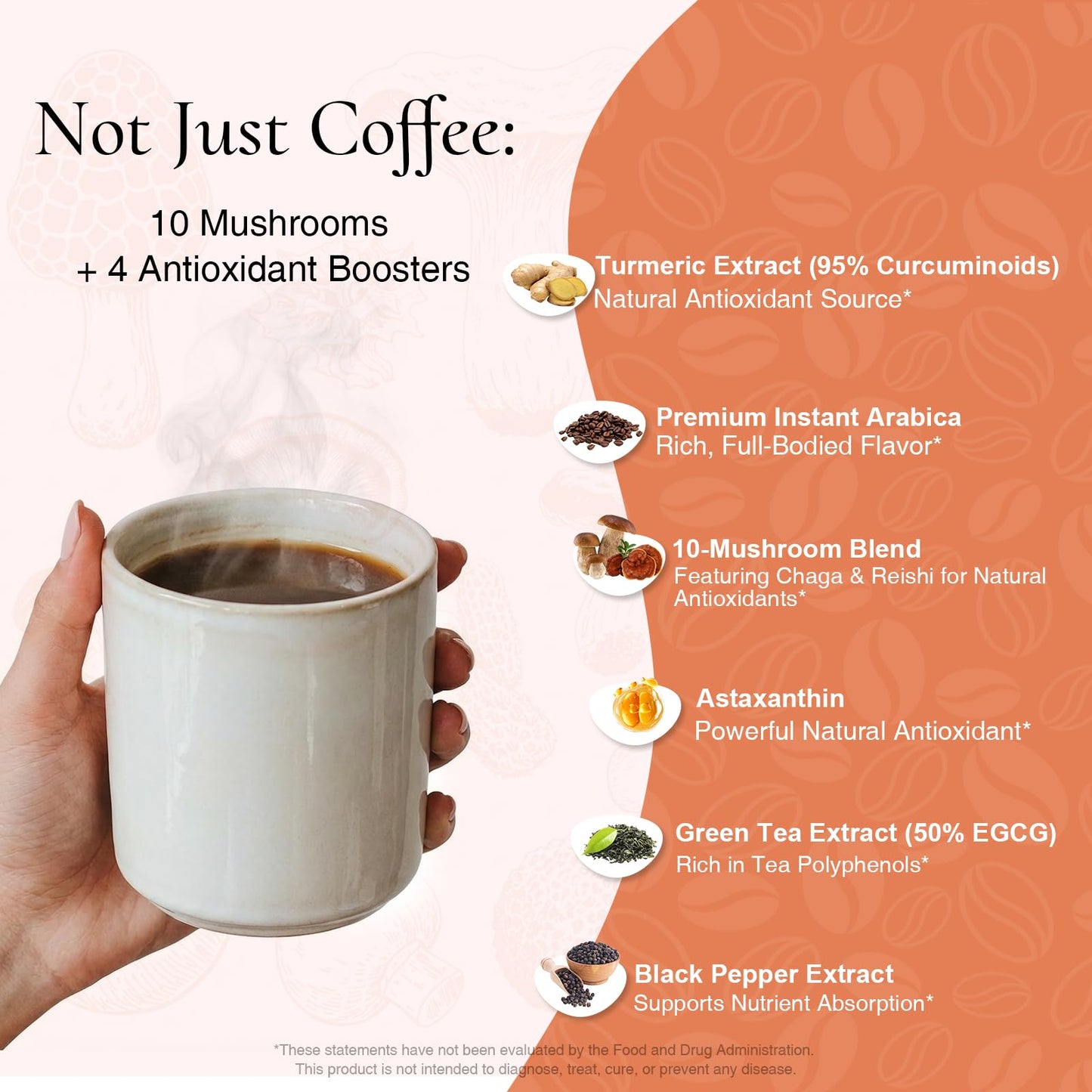 SUNDAFONE Youth Glowing Skin Mushroom Coffee | For Hydrated Youthful Skin & Antioxidant Support |10 Mushrooms + Turmeric, Green Tea Extract, Astaxanthin & Black Pepper; Instant Organic Mushroom Coffee