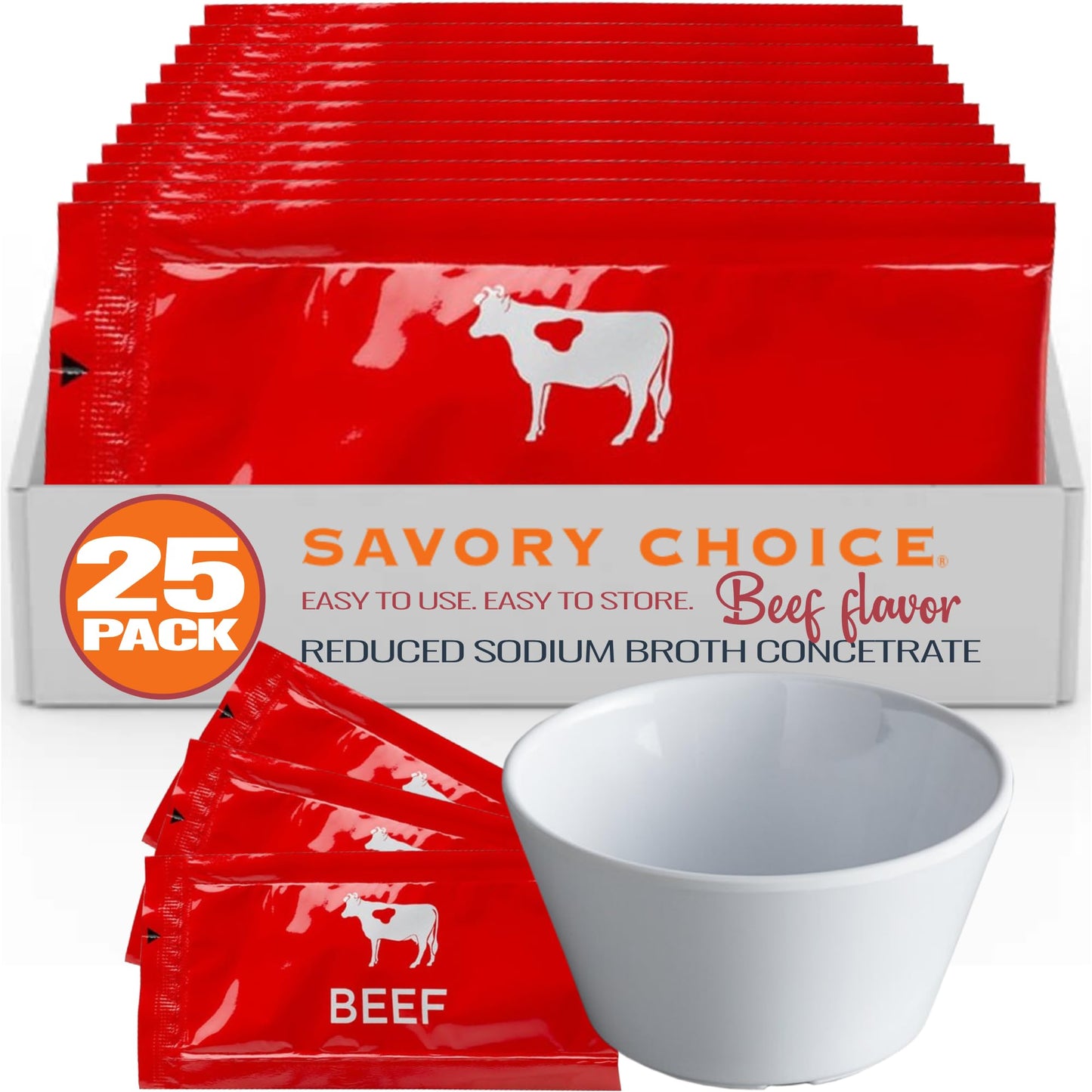 SAVORY CHOICE Reduced Sodium Beef Broth Concentrate bundle with Bouillon Cup, 25 Packets (9.6g) - Gluten-Free, Diary-Free Broth Concentrate