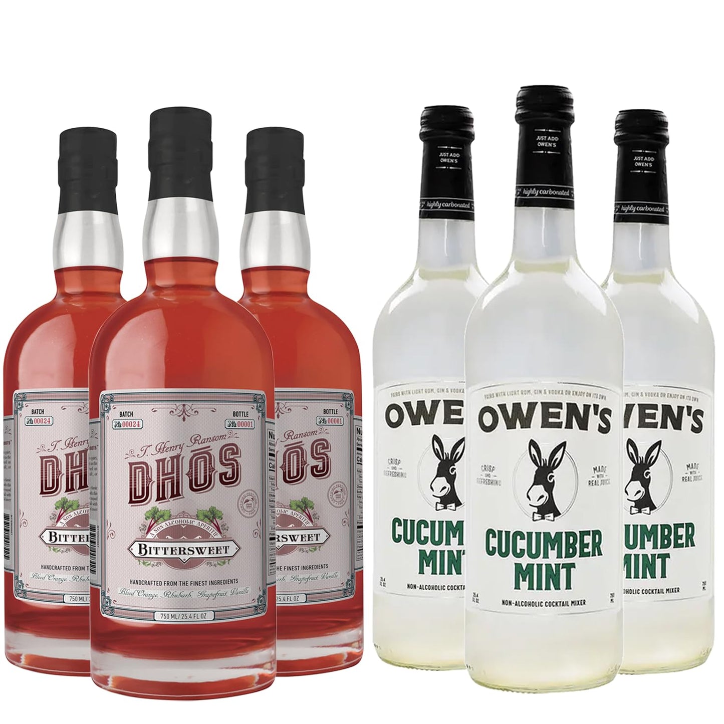 Dhōs Handcrafted Non-Alcoholic Bittersweet 3 Pack w 3 Pack Owen’s Mixers Cucumber Mint - Keto-Friendly, Zero Sugar, Zero Calories, Zero Proof - 750 ML - Perfect for Mocktails - Made in USA