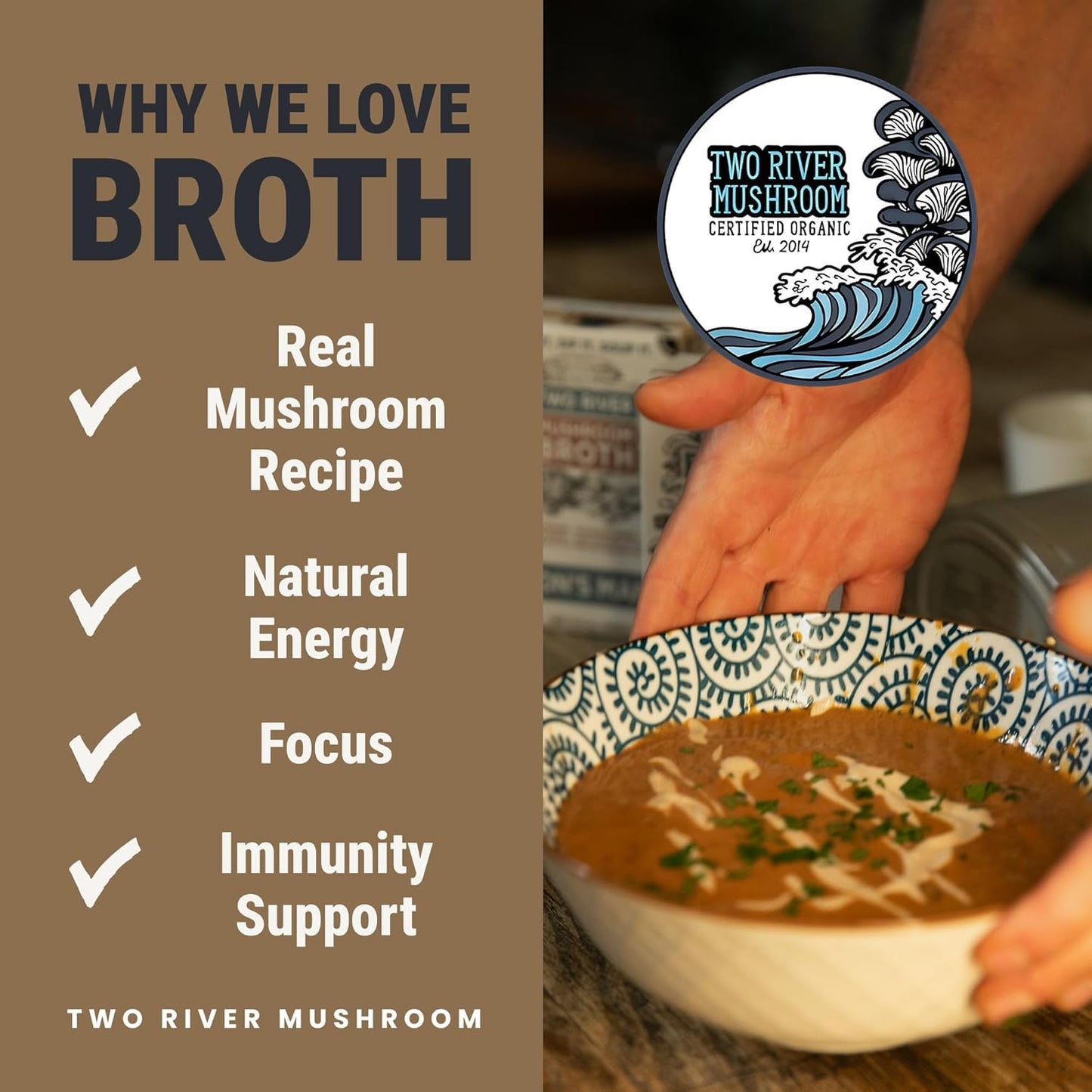 Two River Lion's Mane Mushroom Broth made with organic Lion's Mane and Shiitake Mushrooms, vegan plus adaptogens, perfect for sipping and souping, 510ml, 4ct (Pack of 4)
