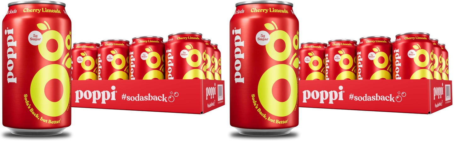 POPPI Sparkling Prebiotic Soda, Beverages w/Apple Cider Vinegar, Seltzer Water & Fruit Juice, Cherry Limeade, 12oz (24 Pack) (Packaging May Vary)