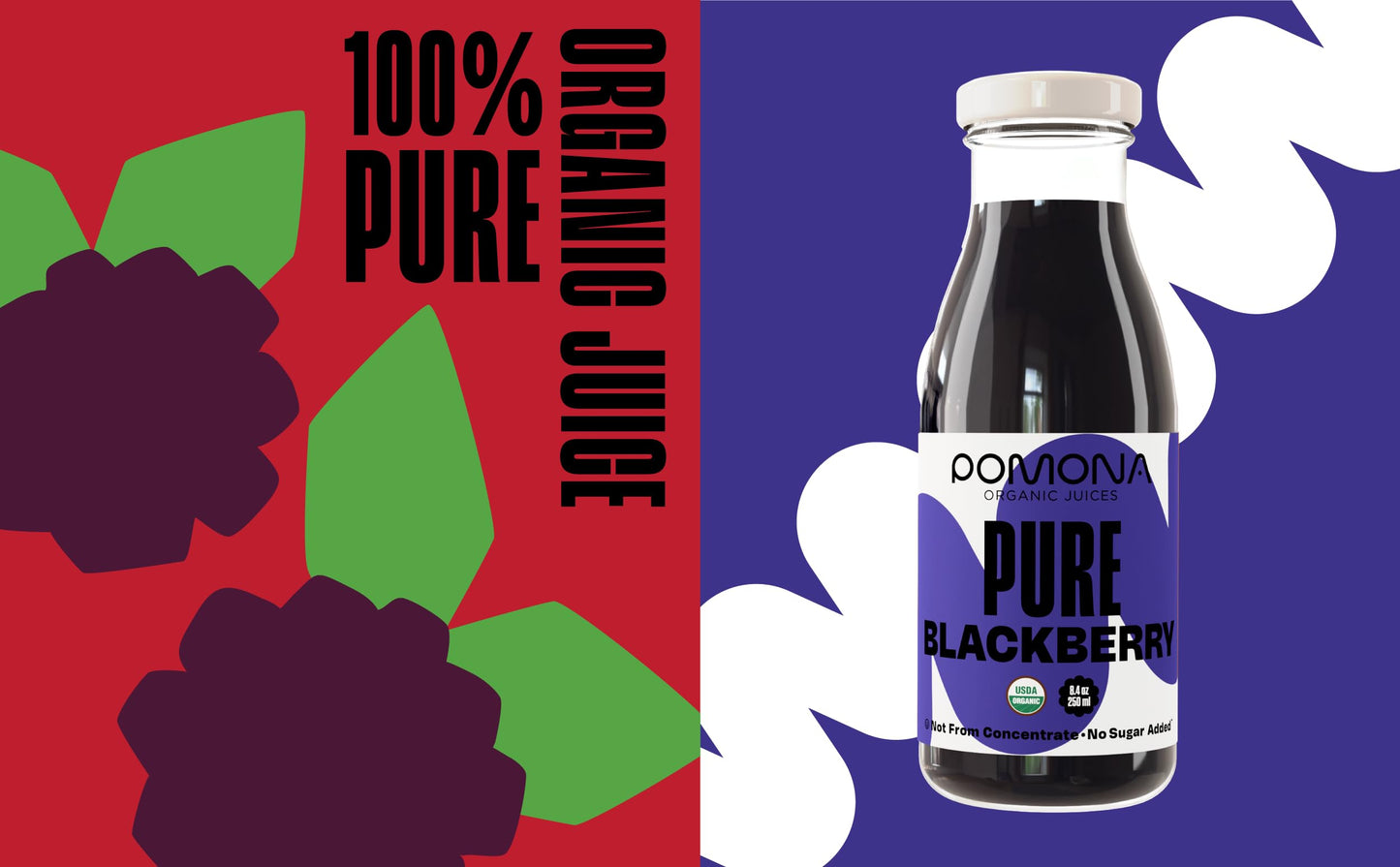 Pomona Organic Blackberry Juice (Pack Of 12), Cold Pressed USDA Organic Juices, 100% Blackberries, No Added Sugar, Not From Concentrate, Vegan, Kosher, Non GMO, Pasteurized, 8.4 Oz Glass Bottles