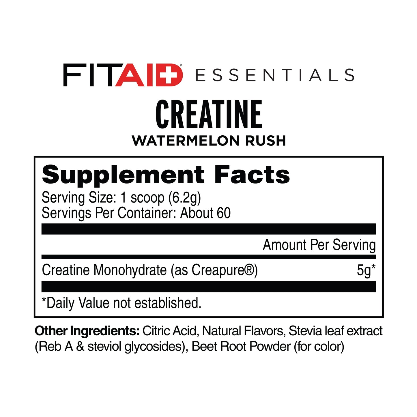 FITAID Creatine Monohydrate Powder, CreaPure, Watermelon Rush, ATP Production for Weightlifting, Cycling, Zero Sugar, Smooth-Mixing, Easy on Stomach, Resealable, 60 Servings