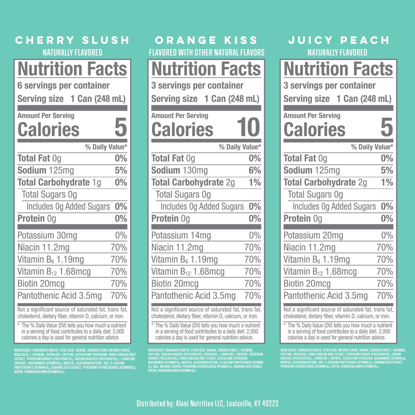 Alani Nu VARIETY PACK (CHERRY SLUSH, JUICY PEACH, ORANGE KISS), Low Calorie Energy Drinks, 100mg Caffeine, Biotin, B Vitamins, Zero Sugar, 10 Calories or Less, 8 Fl Oz Cans, 12 Pack