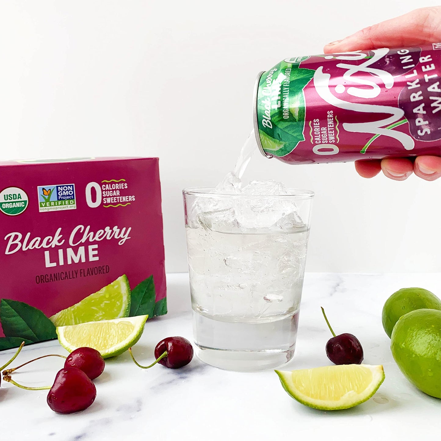 Nixie Sparkling Water, Black Cherry Lime | 12 fl oz cans, 24 pack | Organic, Vegan, Non-GMO, Gluten Free, 0 Calories, 0 Sugar, 0 Sodium