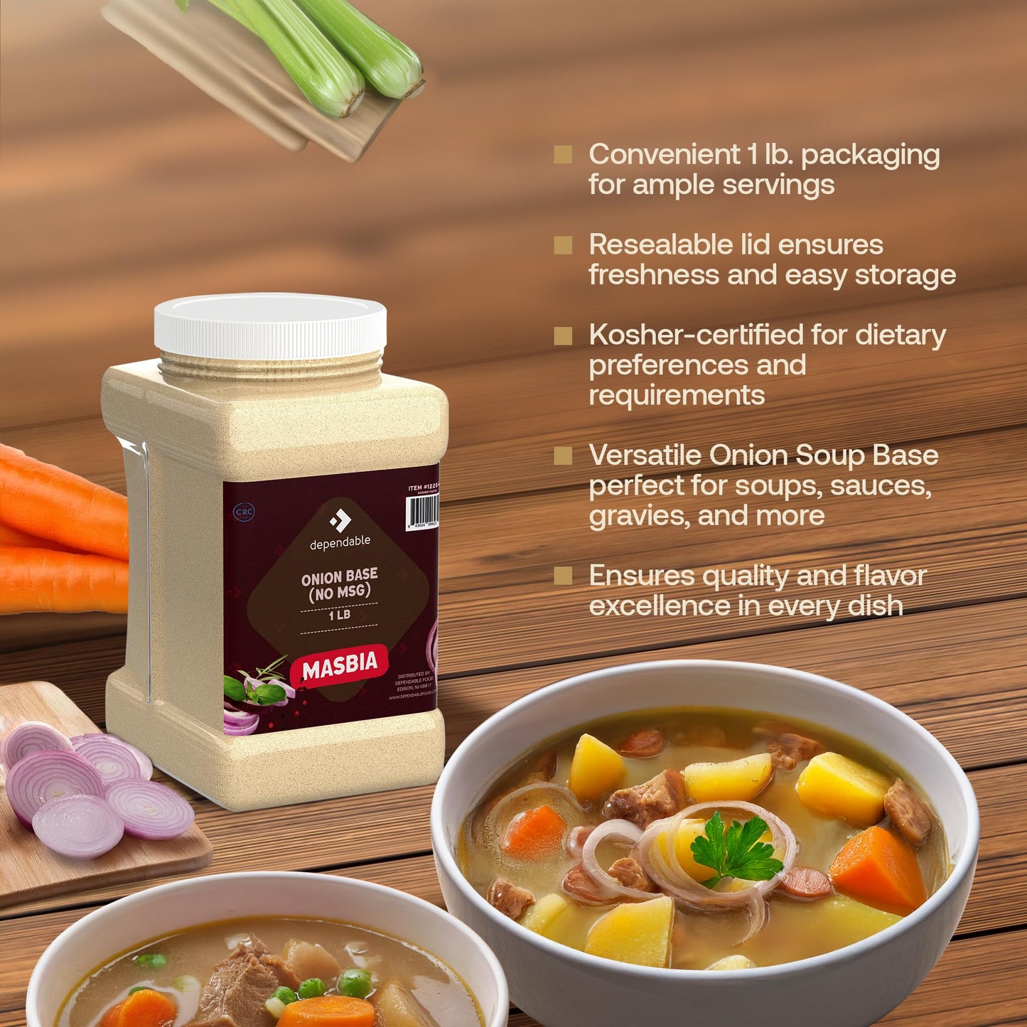 Dependable Food Onion Soup Base - Onion Flavor Consommé | 15 Oz. Resealable Jar | No MSG, Kosher | Perfect for Soups, Stocks, and Broths