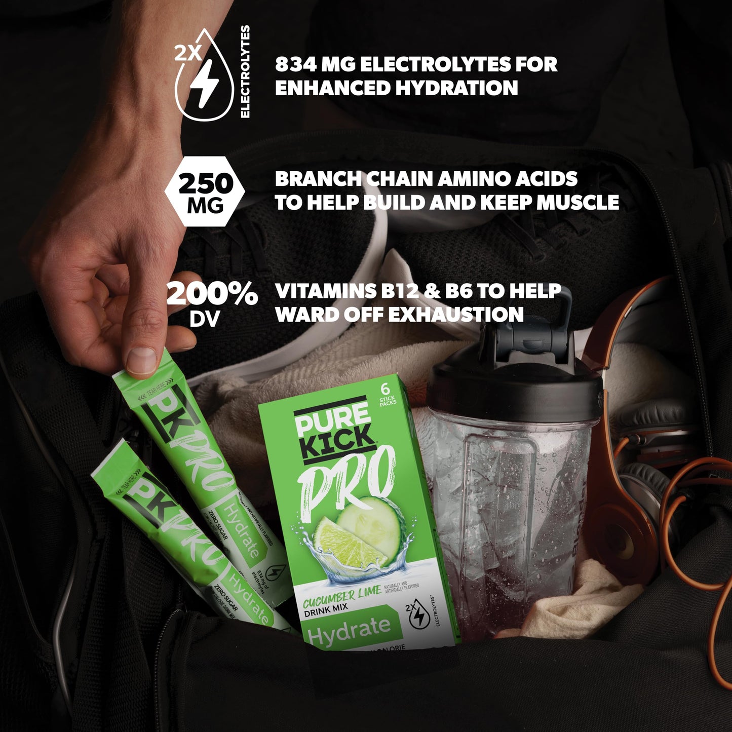 PURE KICK PRO Hydration Electrolyte Drink Mix, Cucumber Lime, Includes 1 Box with 6 Packets in Each Box