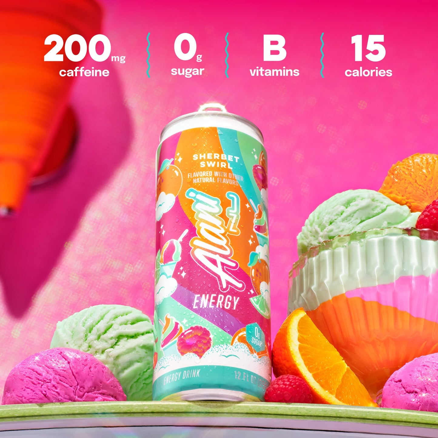 Alani Nu Energy Drink, Sherbet Swirl, 12 Fl Oz, Zero Sugar, Gluten Free, Vegan, B Vitamins