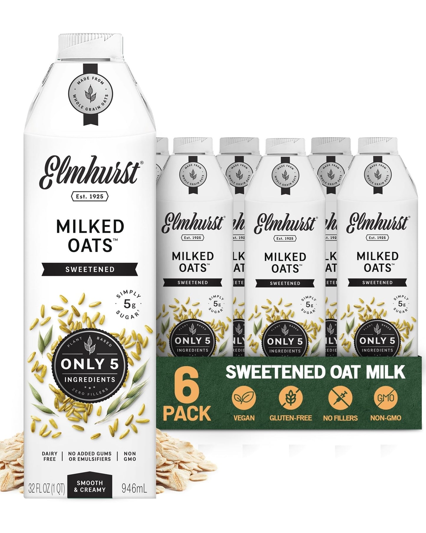 Elmhurst Milked Oats, Sweetened, Plant Based, Dairy Free, Non GMO, 32 Fluid Ounces (Pack of 6)