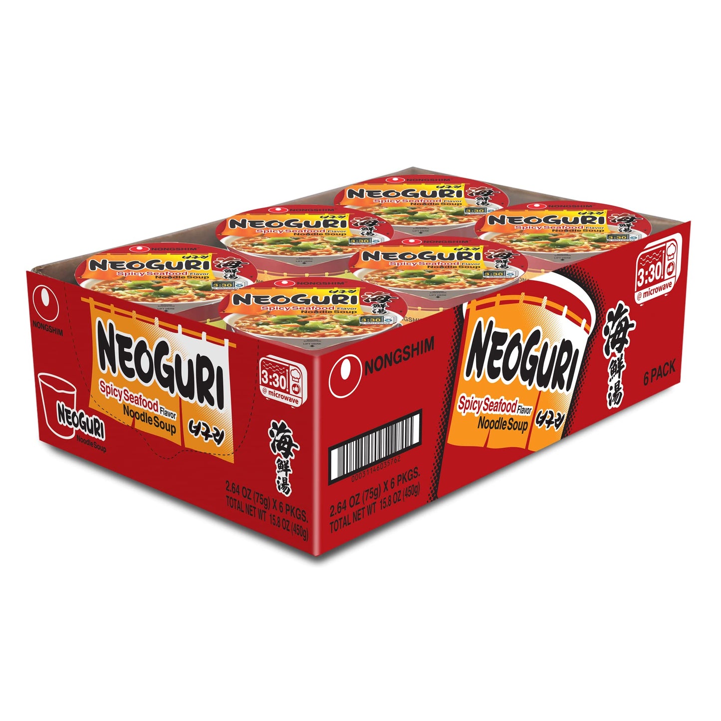 Nongshim Ramen Noodles, Gourmet Instant Ramen cup, Premium Microwavable Noodle Soup, Neoguri Spicy Seafood, 2.64 Ounce (Pack of 6)