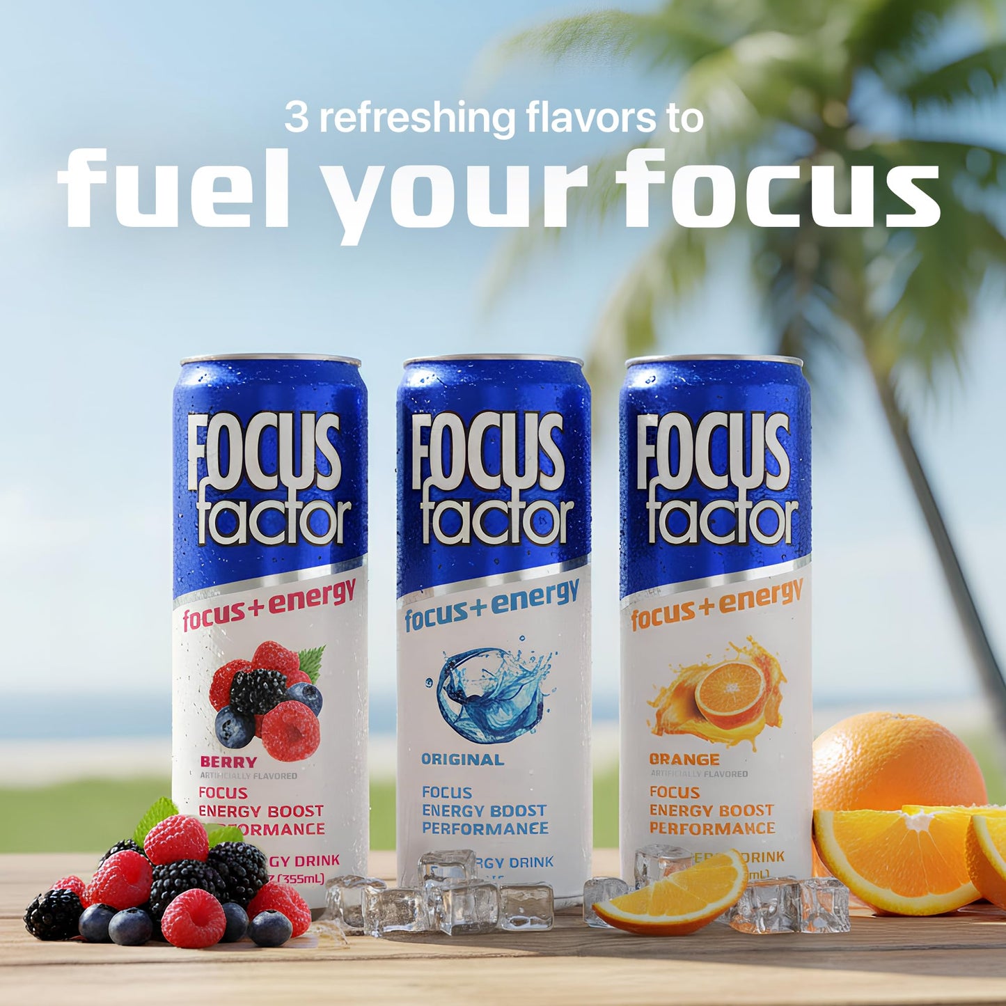 Focus Factor Energy Drink - 12 x 355ml Cans (Berry Flavour) - with Focus + Energy - Lightly Carbonated, Sugar Free, Low Calorie with Vitamin B6 & Vitamin B12