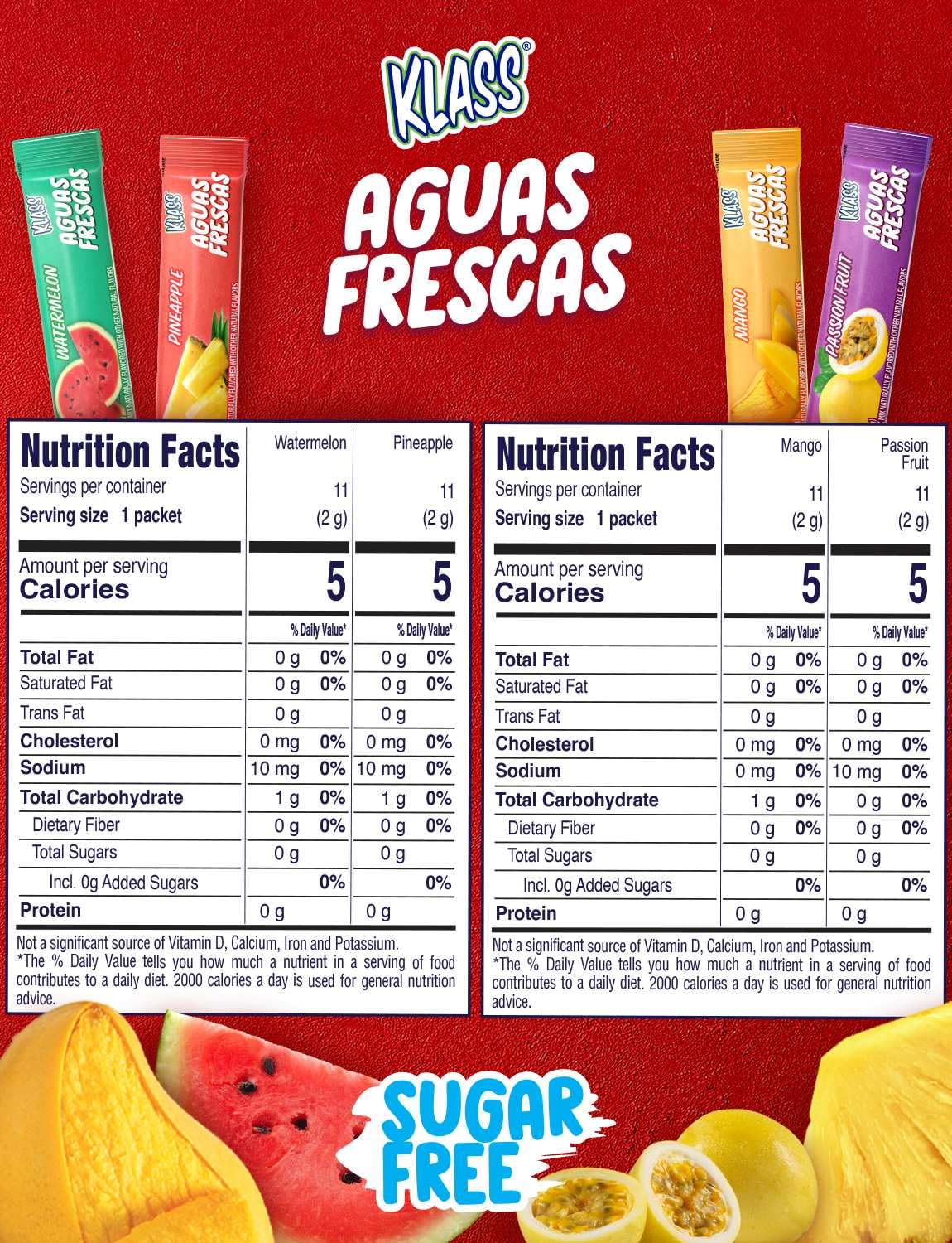 Klass Aguas Frescas, Powdered Drink Mix Variety Pack, 44 Singles Zero Sugar & Caffeine-Free Powder Packets, Water Drink Mix, Flavors: Mango, Watermelon, Pineapple & Passionfruit - 5 Calories Per Packet & Natural Flavors