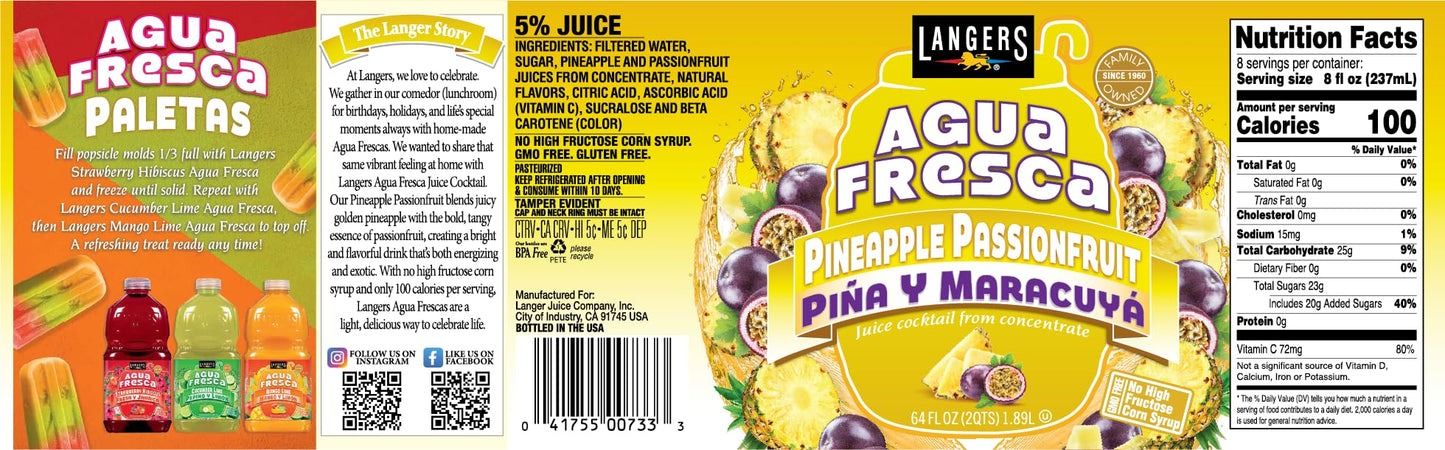 Langers Agua Fresca, Pineapple Passionfruit, 64fl oz (Pack of 8)
