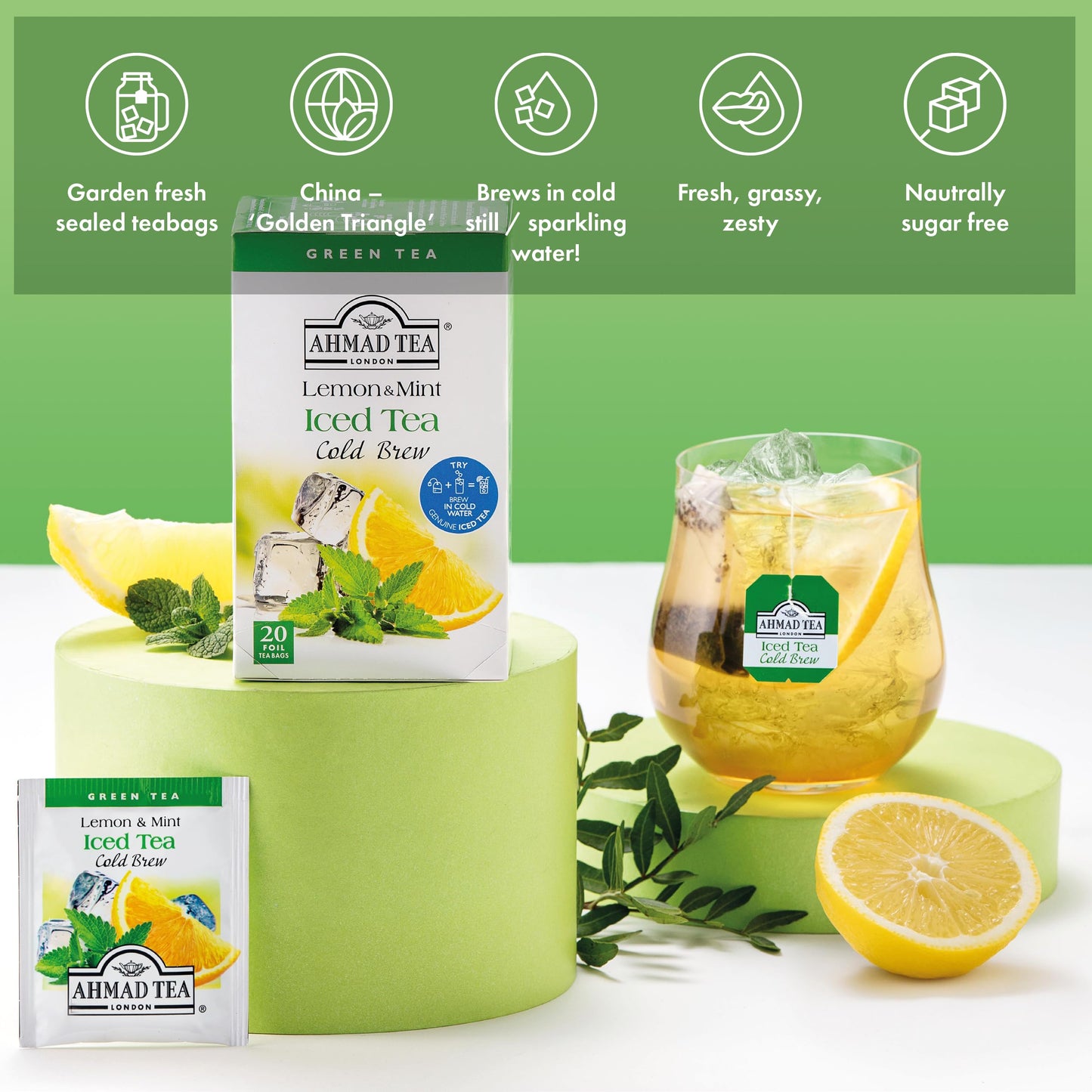 Ahmad Tea Green Tea, Cold Brew Lemon and Mint Teabags, Iced Tea, 20 ct (Pack of 1) - Caffeinated and Sugar-Free