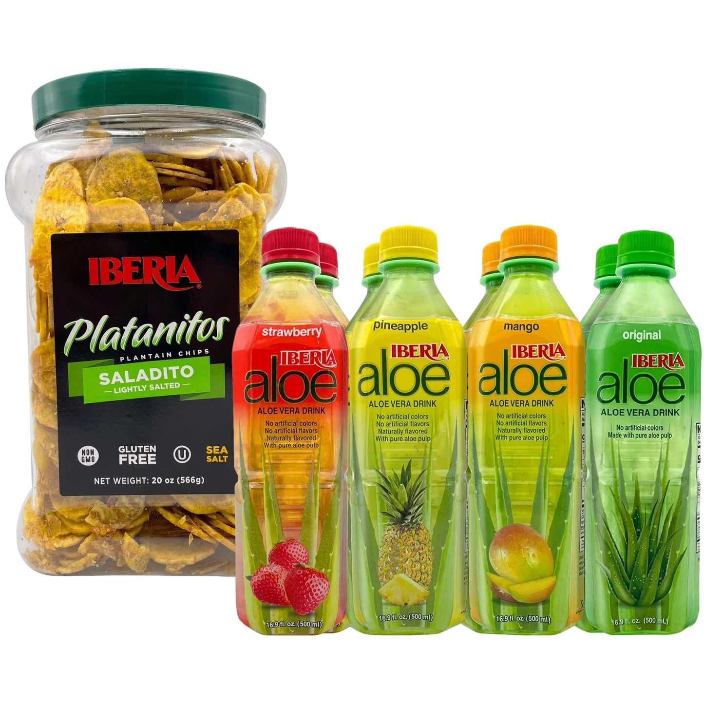 Iberia Aloe Vera Drinks, Variety (Pack of 8) + Iberia Salted Plantain Chips Jar, 1.75 lb. Bundle
