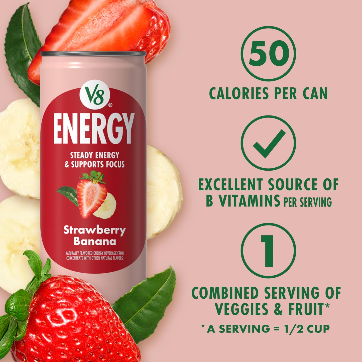 V8 Energy Strawberry Banana Juice Energy Drink, 8 fl oz Can (24 Pack)