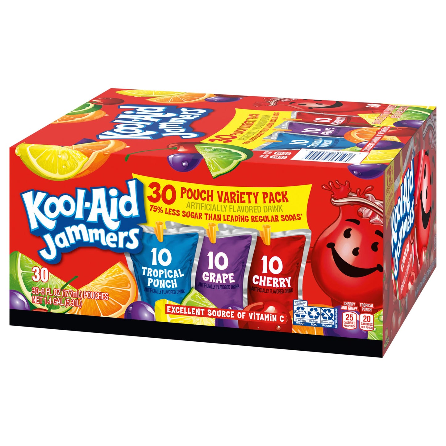 Kool-Aid Jammers Drink, 30 Pouches, for School Lunches and On-the-Go Hydration, Artificially Flavored Tropical Punch, Grape and Cherry Flavors, 6 fl oz