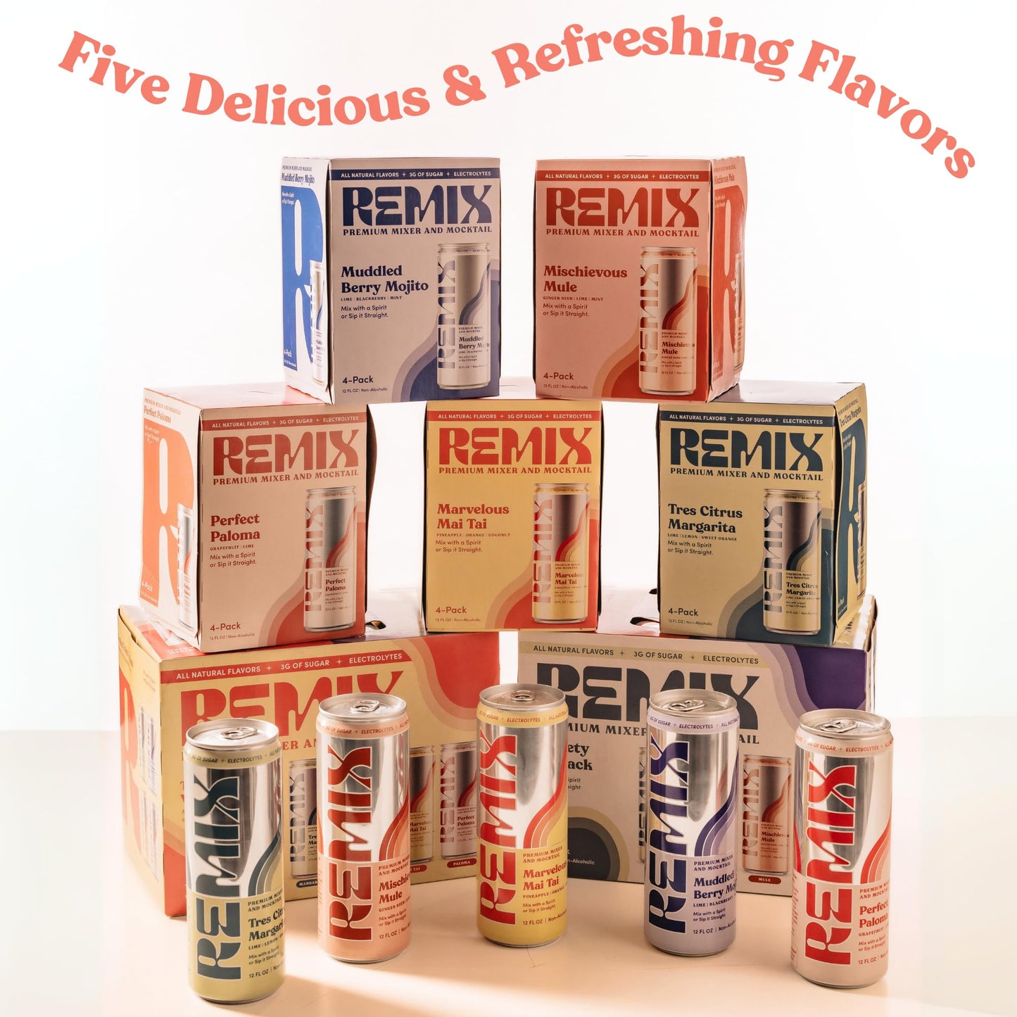 Remix Non-Alcoholic Drinks & Mocktails - Alcohol Replacement Beverage with All-Natural Flavors, Real Juice & Electrolytes - Low Sugar & Calorie Non-Alcoholic Spirits (4 Pack, Muddled Berry Mojito)