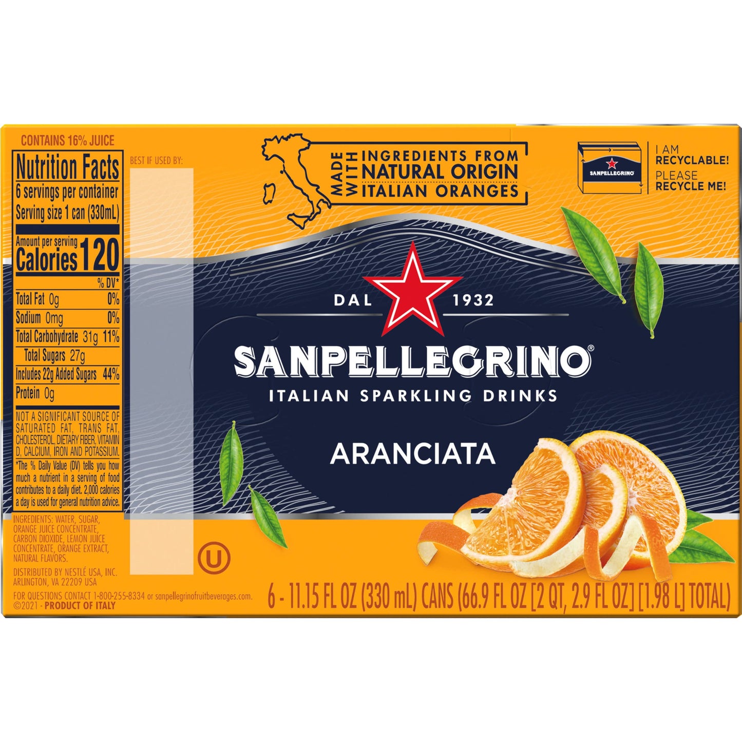 Sanpellegrino Italian Sparkling Drink Aranciata, Sparkling Orange Beverage, 6 Pack