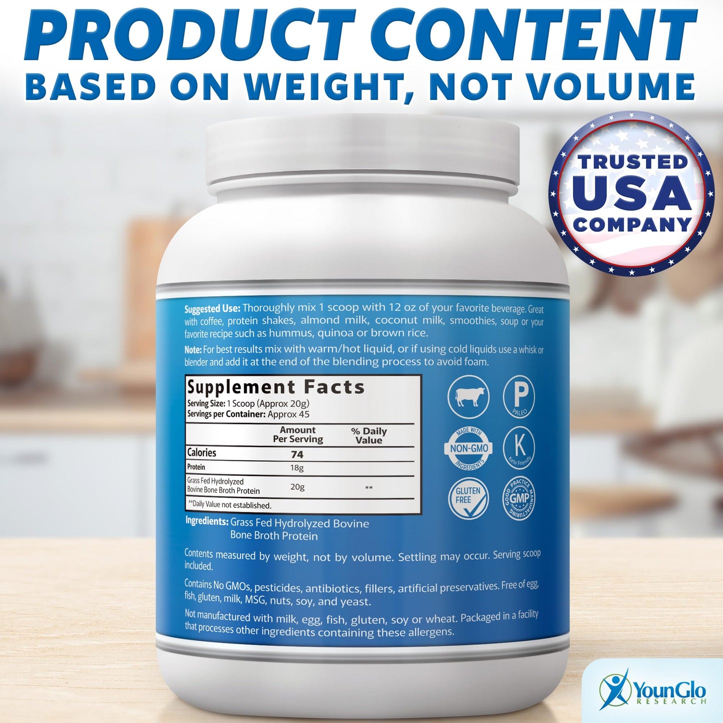 Bone Broth Beef Protein Powder - 2 lb, Unflavored - High Collagen & Gelatin from Grass Fed Bovine - Nutritious Marrow Benefits for Soups, Paleo & Keto Friendly Diets