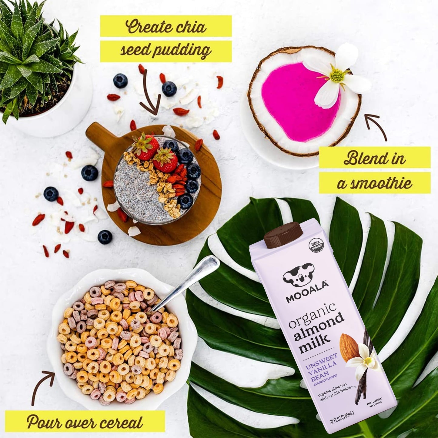 Mooala Organic Vanilla Bean Almond Milk Unsweetened 32 fl oz (Pack of 6) – Shelf-Stable, Lactose Free, Gluten-Free, Vegan, No Added Sugar, Plant-Based Beverage