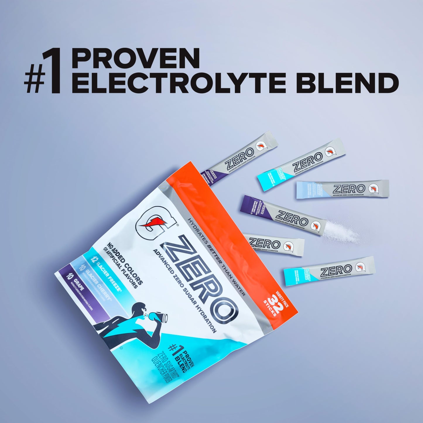 Gatorade Zero Sugar Electrolyte Powder Drink Mix, 3 Flavor Variety Pack, (32 Servings), No Artificial Flavors, No Added Colors, Zero Sugar, Sports Drinks, Hydration, Electrolyte Drink
