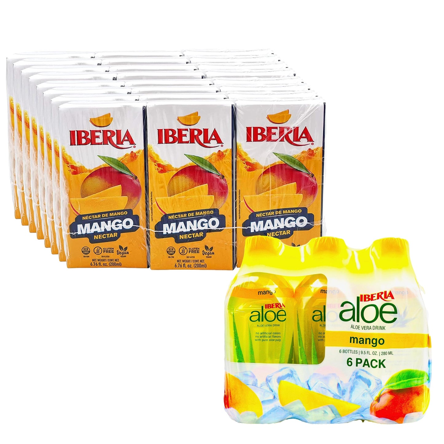 Iberia Mango Nectar, 6.8 fl oz (Pack of 24) + Iberia Aloe Vera Drink with Pulp 9.5 fl oz, Mango (Pack of 6)