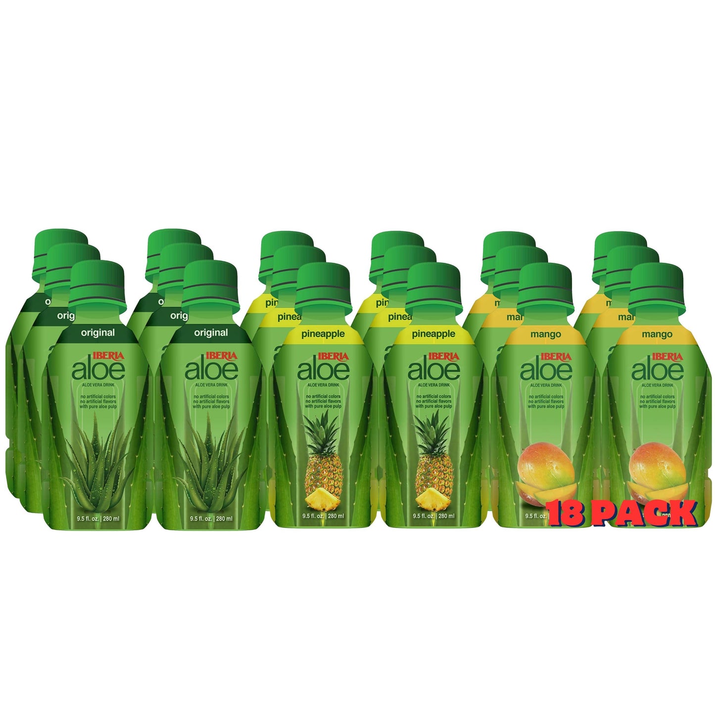 Iberia Aloe Vera Drinks With Pure Aloe Pulp, 9.5 fl. Oz. (Pack of 18) 6 x Original, 6 x Mango, 6 x Pineapple