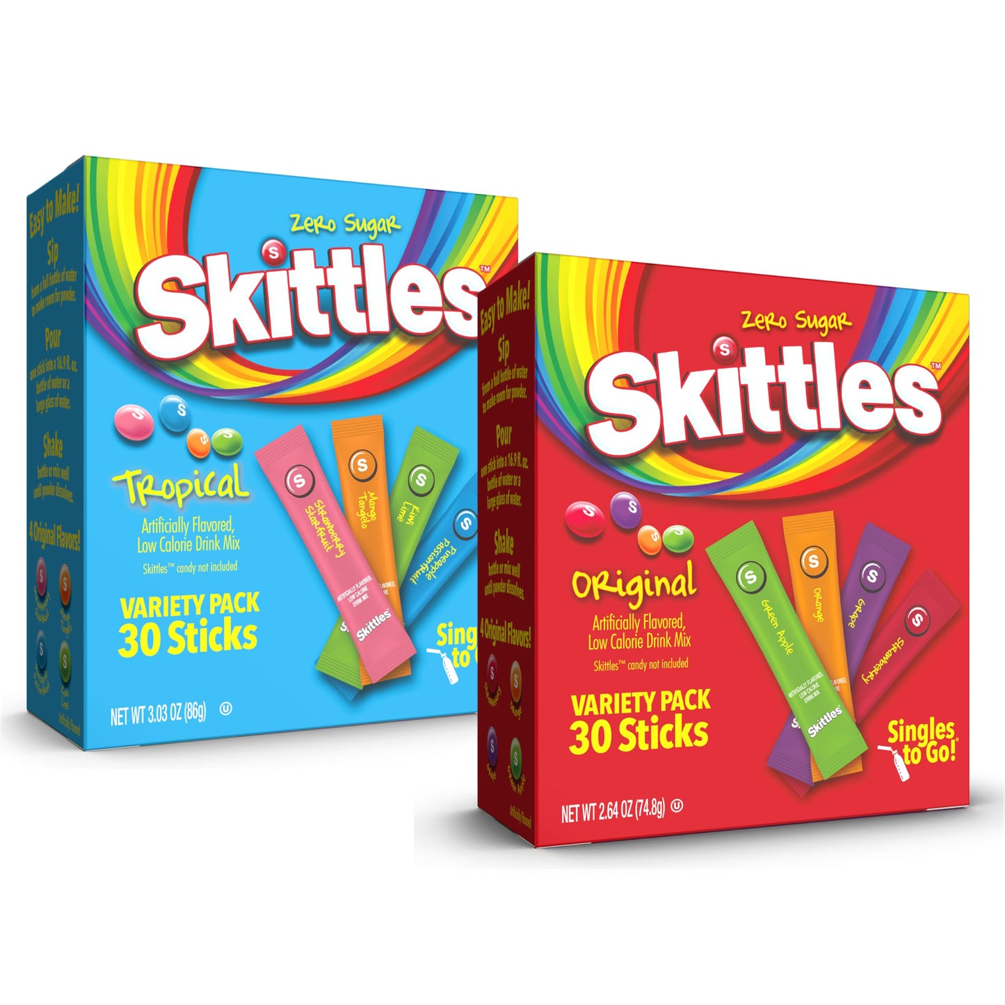 Skittles Singles To Go Tropical & Original Flavors Variety Pack, Watertok Powdered Drink Mix, Zero Sugar, Low Calorie, Includes 4 Tropical Flavors & 4 Original Flavors, (60 Single Servings)