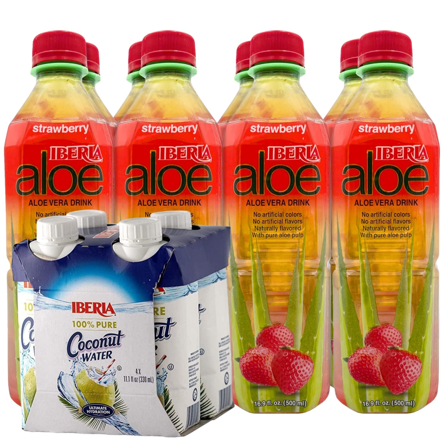 Iberia 100% Natural Coconut Water 11.1 Oz (Pack Of 4)+ Iberia Aloe Vera Juice Drink, Strawberry, 16.9 Fl Oz, Pack of 8