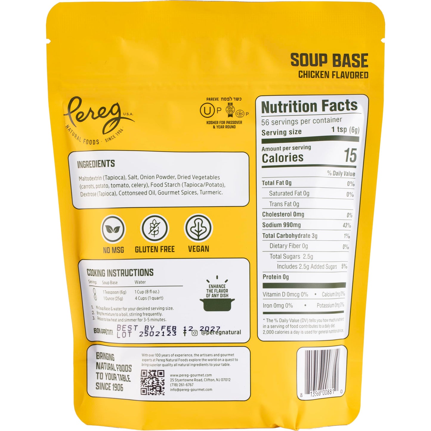 Pereg Chicken Flavored Soup Base, 12 oz | Vegan, Gluten-Free, No MSG | All-Natural Dry Broth Mix for Soups, Stews, Grains & Cooking | Kosher (including Passover)