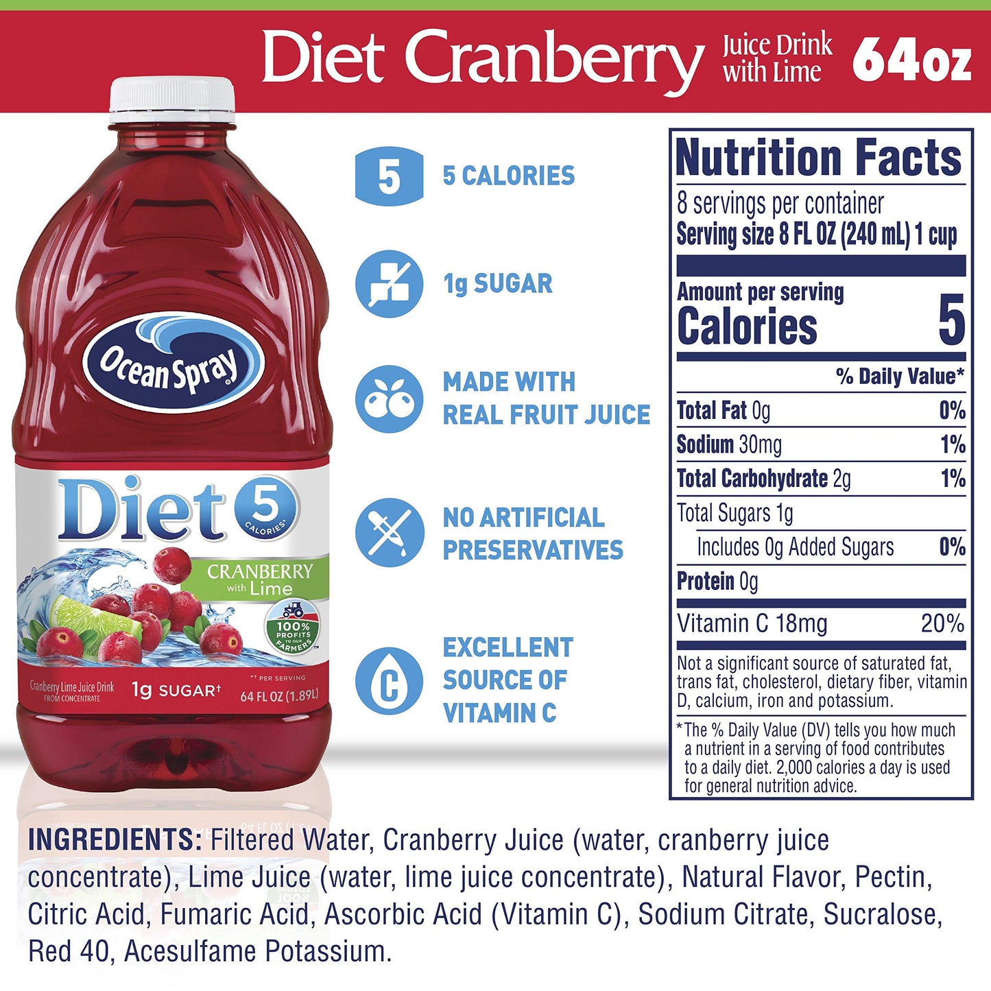 Ocean Spray® Diet Cranberry with Lime Juice Drink, 64 Fl Oz Bottle